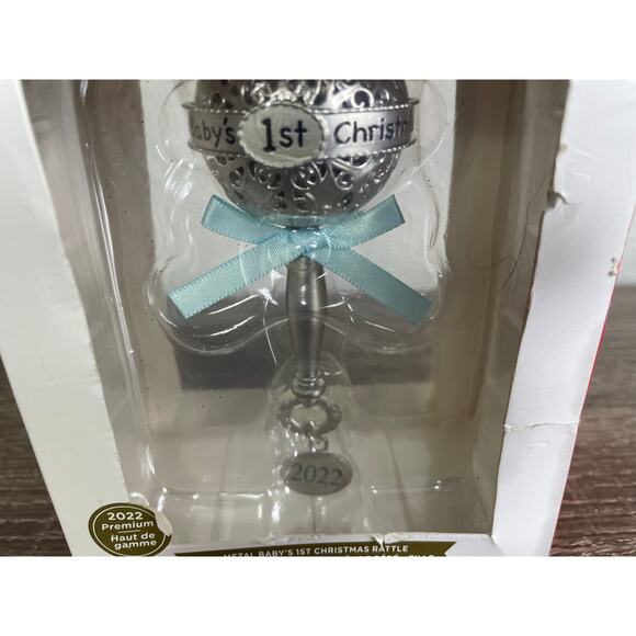 Hallmark 2022 Baby’s 1st Christmas Rattle‎ Ornament Silver Blue Bow New - Picture 4 of 10